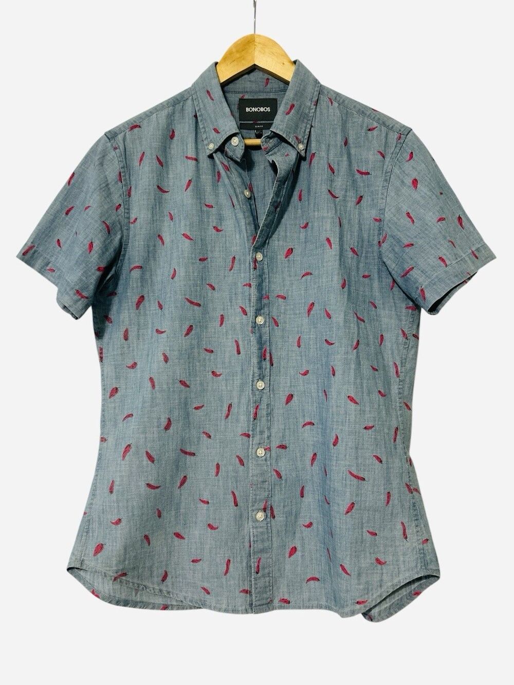 Bonobos Slim Fit Blue Chambray Chili Pepper Short Sleeve Shirt Men's Medium
